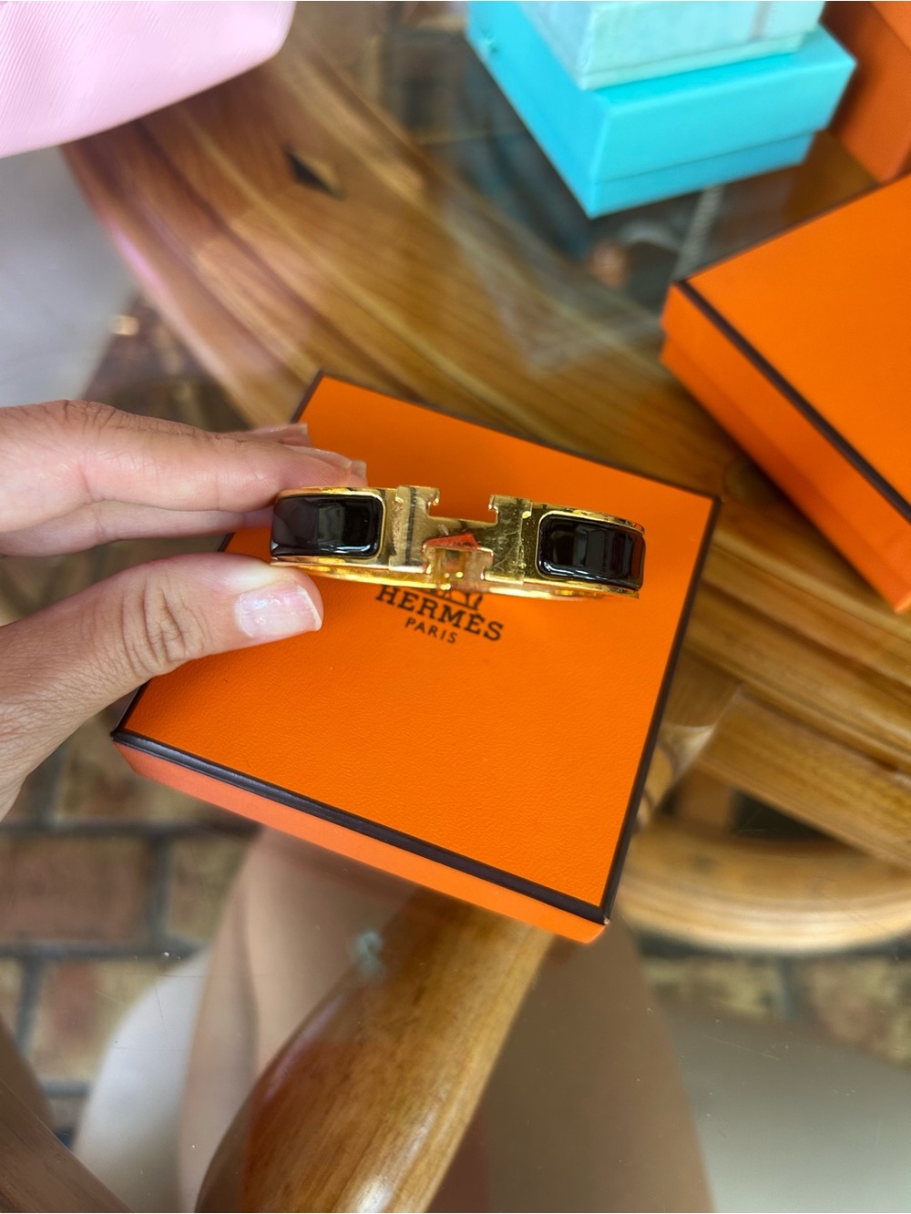 Hermes Gold and Black Clic H Hinge Bracelet